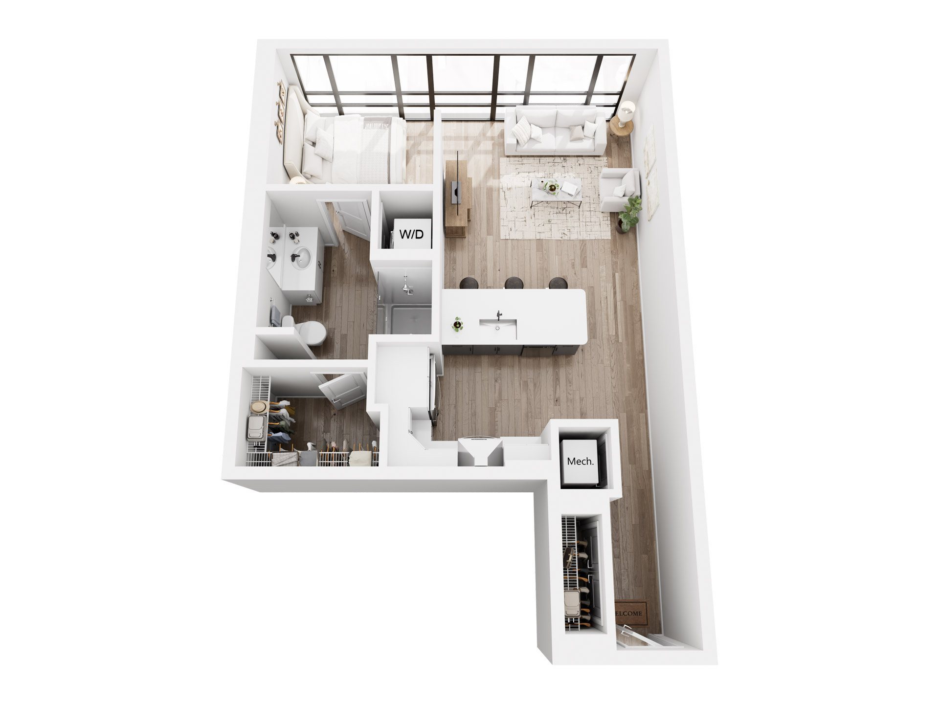 A top down view of a modern apartment with a kitchen, living room, and bathroom.